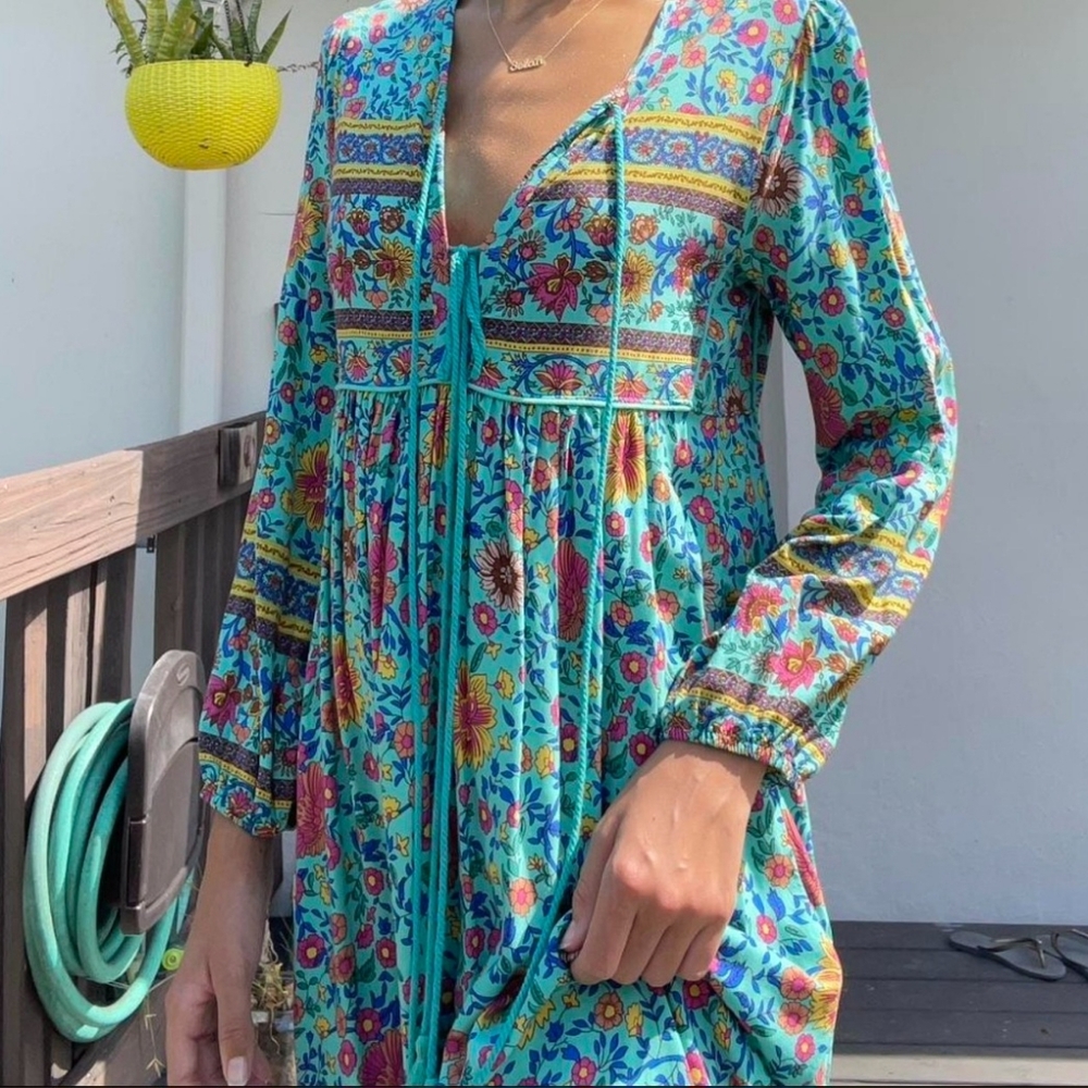 Boho Aqua Floral Mini Dress R Vivimos Sz L 12/14